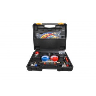 LI-H47K-CA ESTUCHE SET MANOMETROS MANIFOLD P/CARGA GASES R134A R22 R12 R410A C/ACOPLES Y ESTRACTOR DE OVULOS MANGUERAS 1.5 METRO  LION AIR HERRAMIENTAS