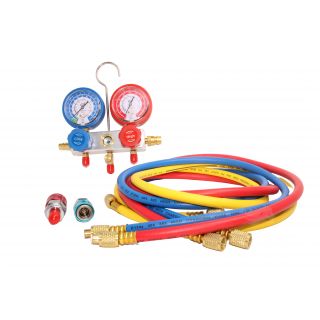 LI-H47K-AL SET DE MANOMETROS MANIFOLD C/MANGUERAS CARGA GASES R134A R22 R12 MATERIAL ALUMINIO S/ACOPLE MANGUERAS 1 METRO  LION AIR HERRAMIENTAS